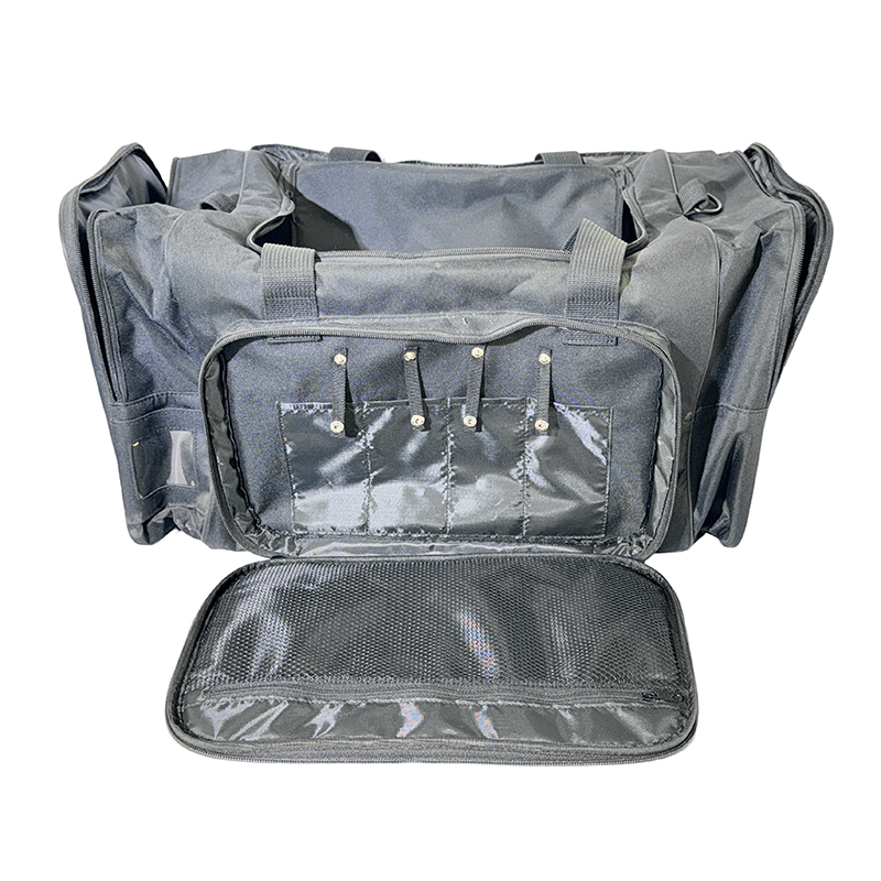 Inside view of a customized gym bag revealing a spacious main compartment, striped inner lining, and an internal waterproof zip pocket.