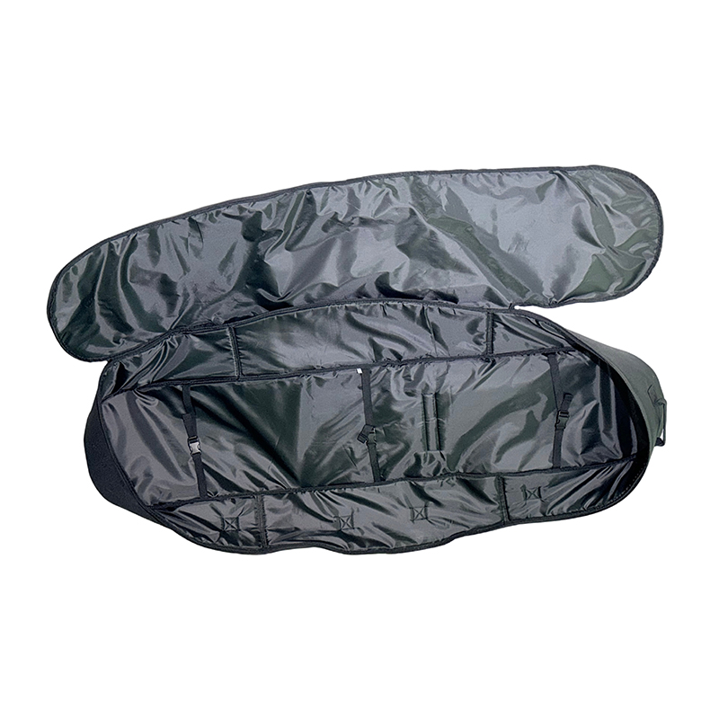 Open interior view of bespoke snowboard sleeve showing protective padding and secure straps for bulk orders