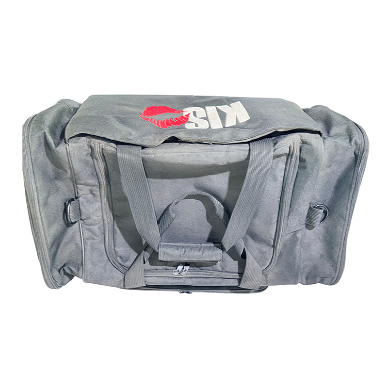 Top view of a blank overnight bag showing sturdy dual carrying handles with a velcro wrap and a smooth main zipper closure.