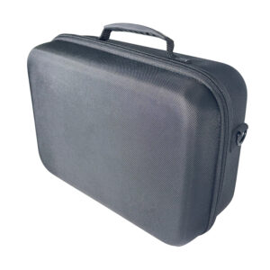 Front view of a large, grey custom EVA hard shell travel case for the Nintendo Switch system, featuring a textured exterior and sturdy handle, manufactured for wholesale.
