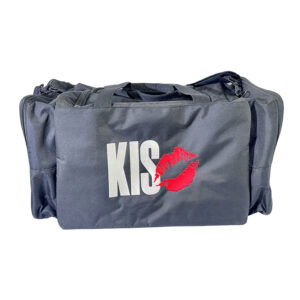 Front view of a black custom duffel bag featuring multiple exterior zipper pockets and a printed red lip logo, manufactured for wholesale.