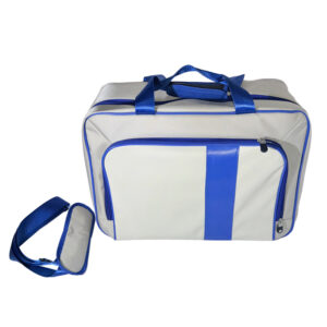 Large capacity sporty grey and blue PS5 travel bag with adjustable shoulder strap, manufactured by direct OEM supplier.