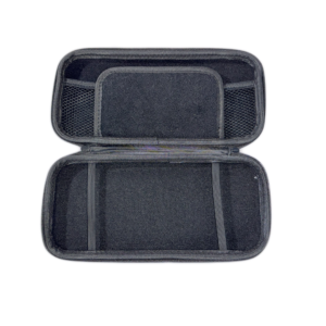 Open view of the Switch 2 carrying case showing soft velvet lining, mesh pocket, and elastic straps for custom factory orders.