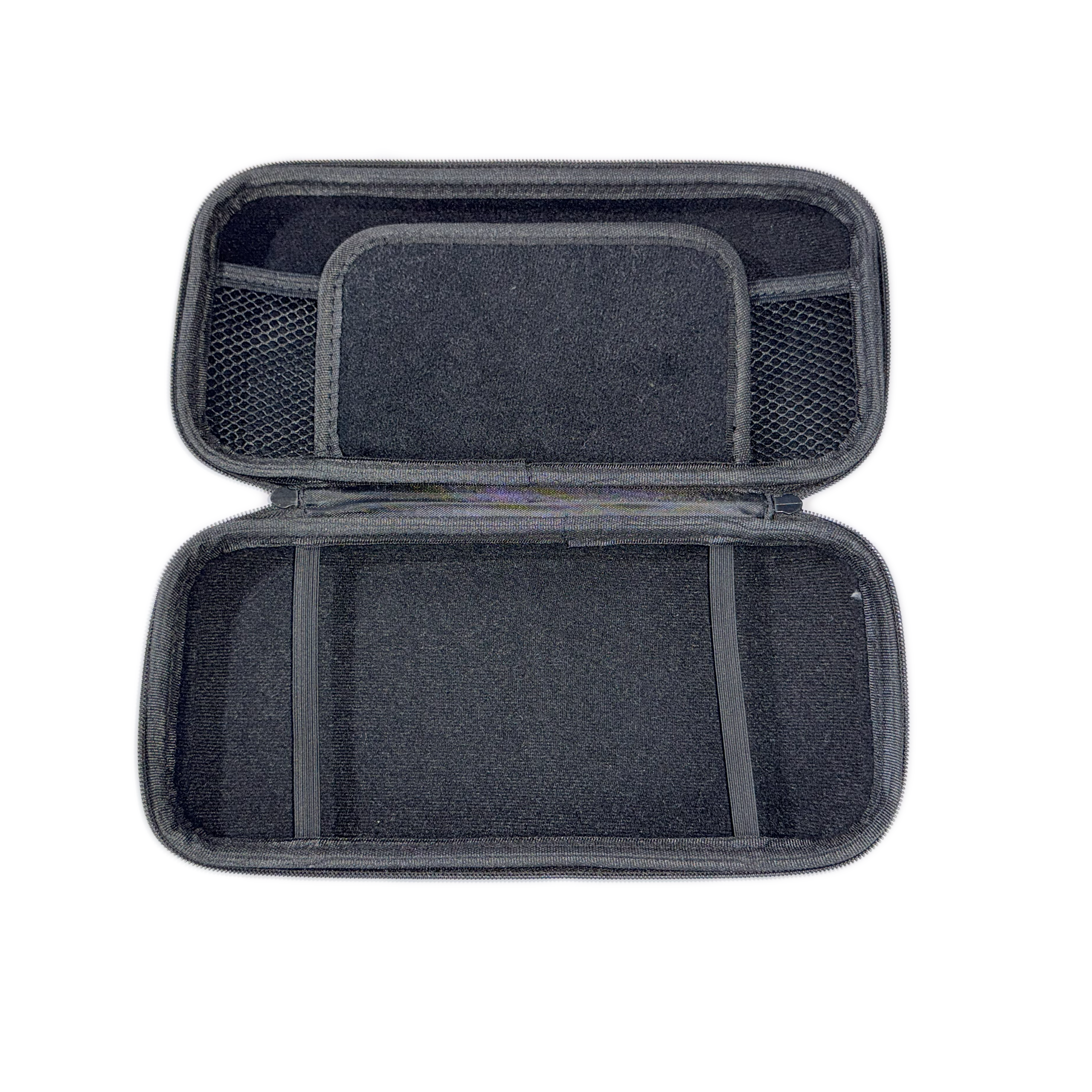 Open view of the Switch 2 carrying case showing soft velvet lining, mesh pocket, and elastic straps for custom factory orders.